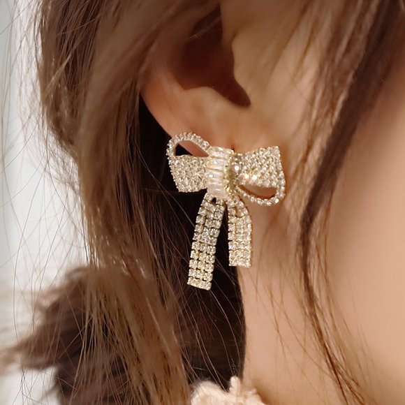 Jewelry - NEW 14K Gold Plated Diamond Bow Knot Earrings
